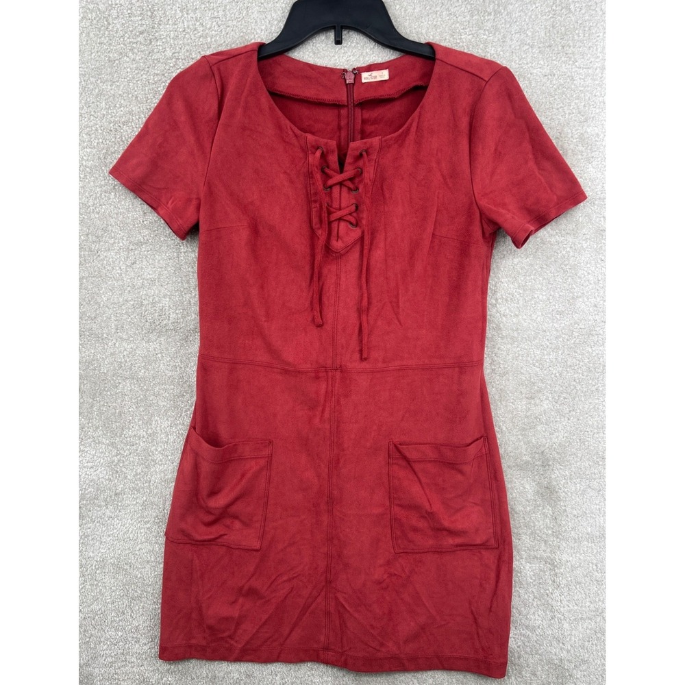Hollister Faux Suede Mini Dress Womens S Rust Red Lace Up Front Short Sleeve